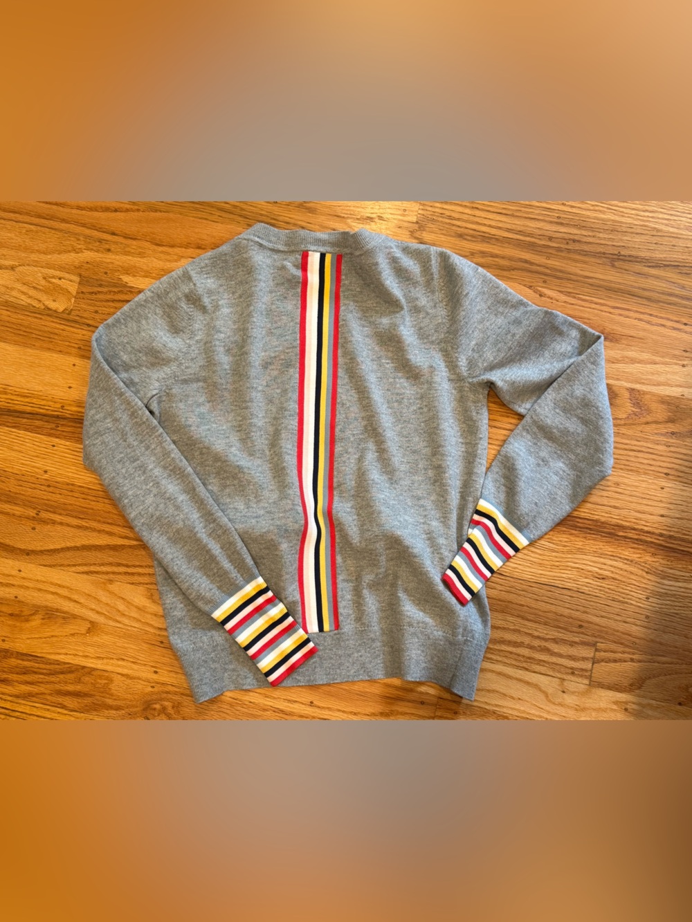 Boden Gray Button-Front Cardigan with Multicolor Stripe Cuffs - Picture 2 of 2